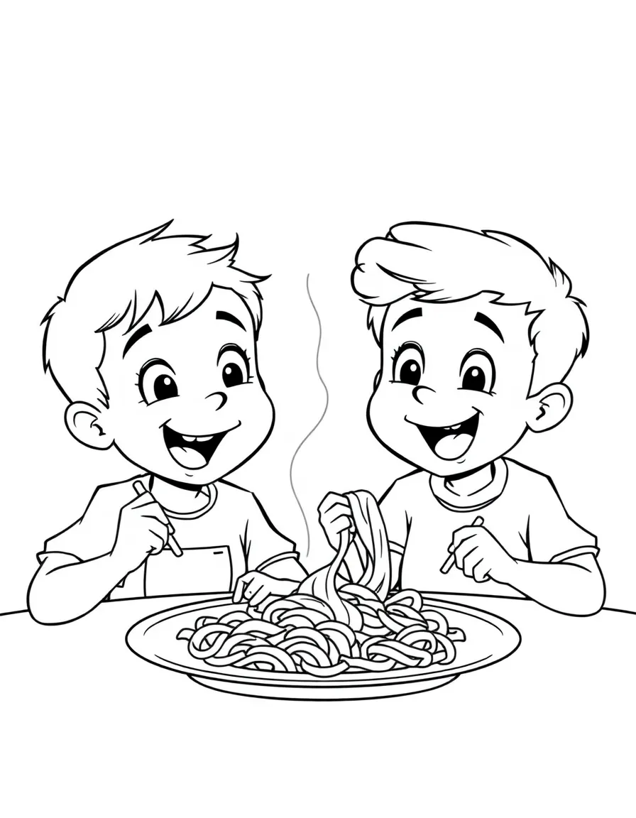 Luca and Alberto eating pasta, looking delighted.