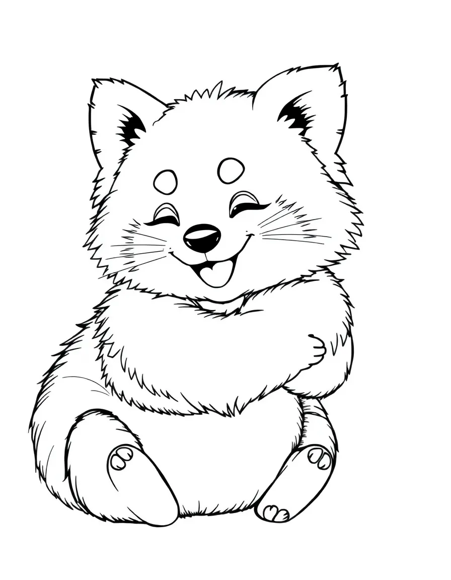 Mei as a red panda, embracing her fluffy self, with a big smile.