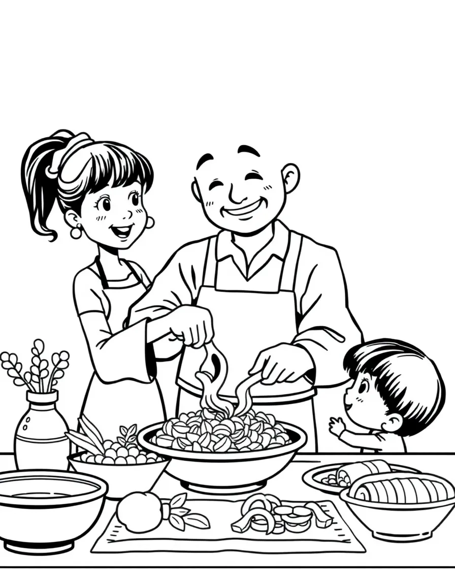 Mei's dad making a delicious meal for the family.