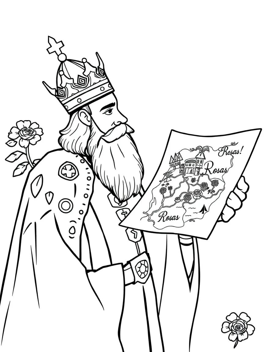 The King Magnifico looking at a map of Rosas.
