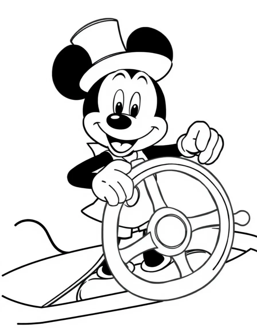 Mickey Mouse as Steamboat Willie, steering the boat.
