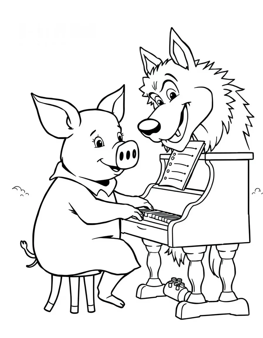 The Practical Pig playing the piano, with the Big Bad Wolf.