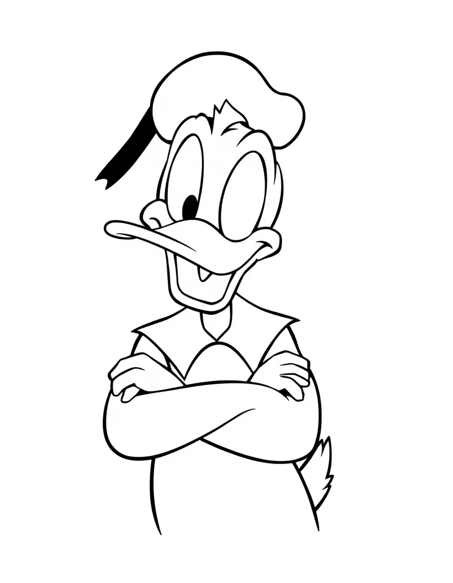 Donald Duck making a funny face, with his arms crossed.