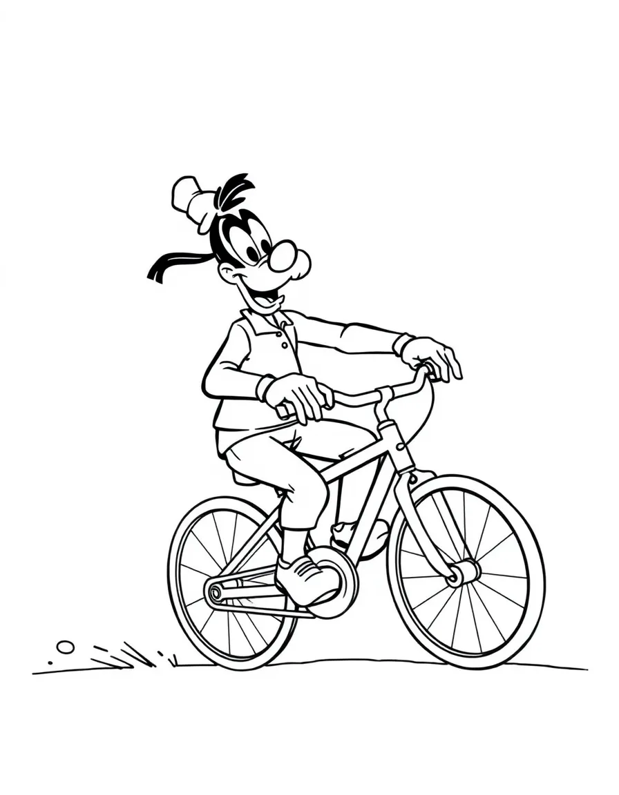 Goofy trying to ride a bicycle, looking clumsy.