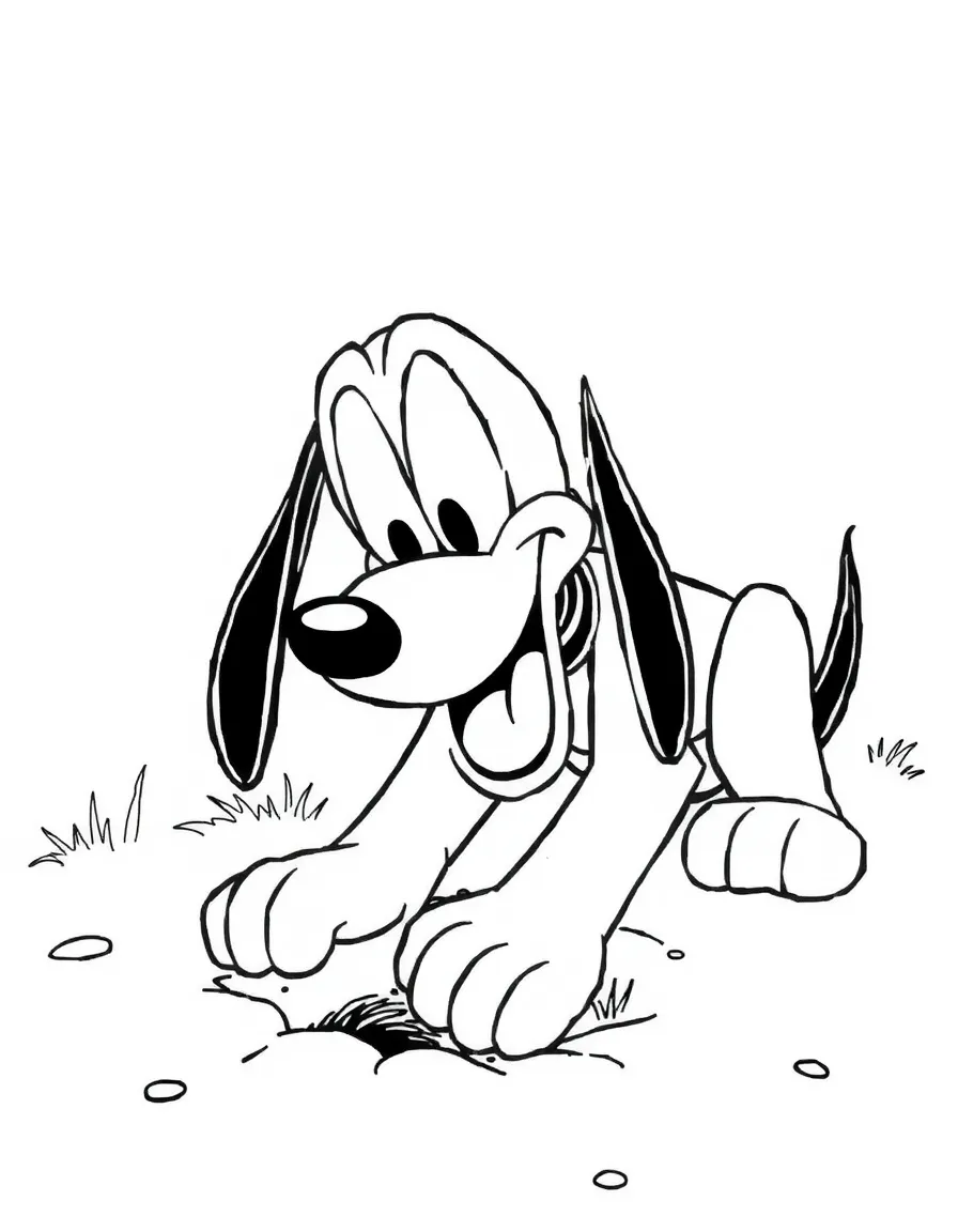 Pluto digging a hole, looking excited.