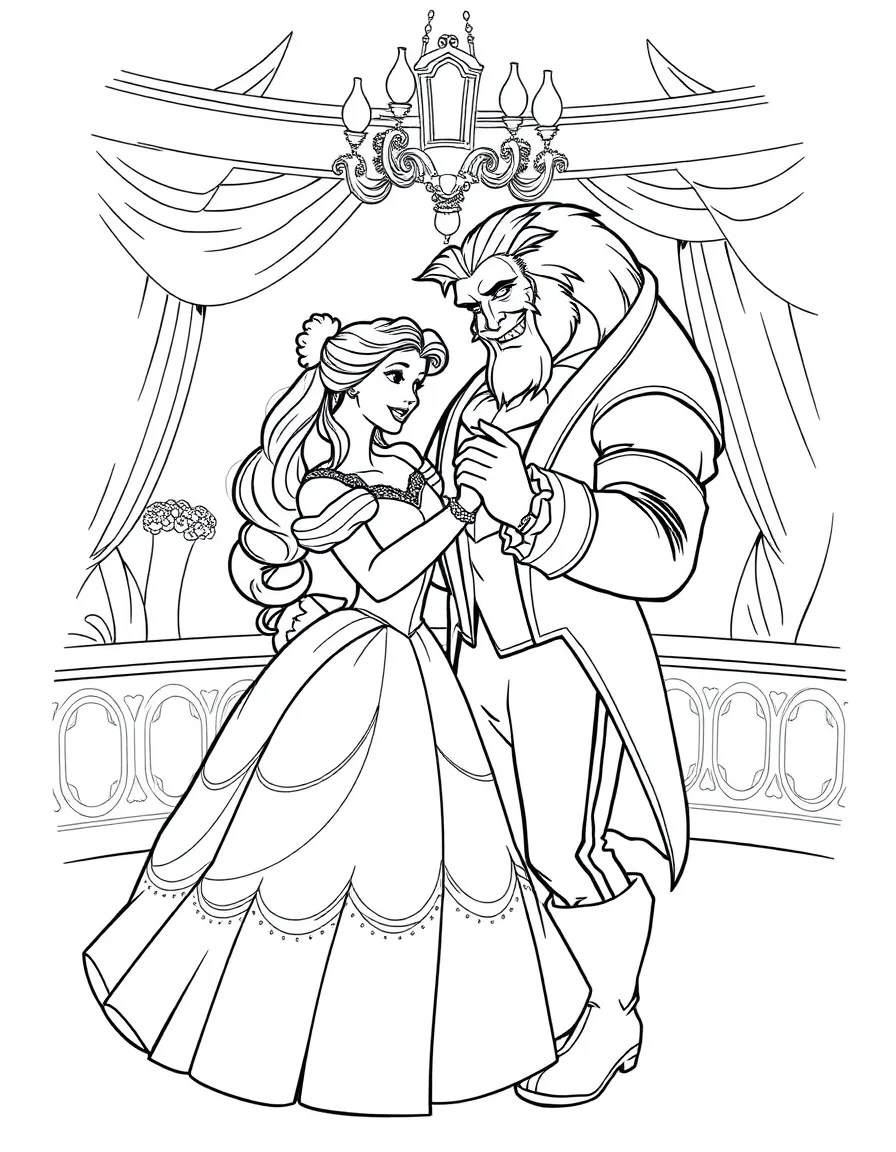 Belle and Beast dancing in the ballroom, holding hands.