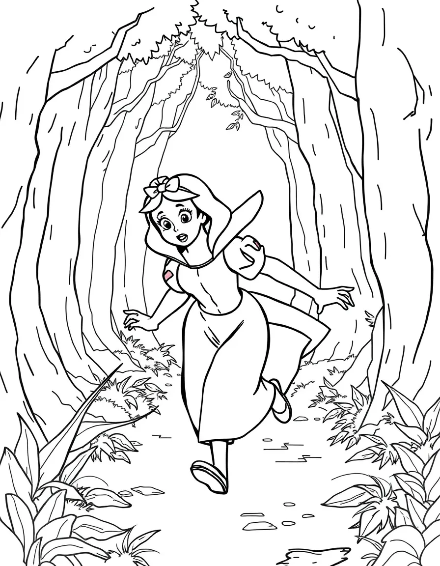 Snow White running through the forest, looking scared.
