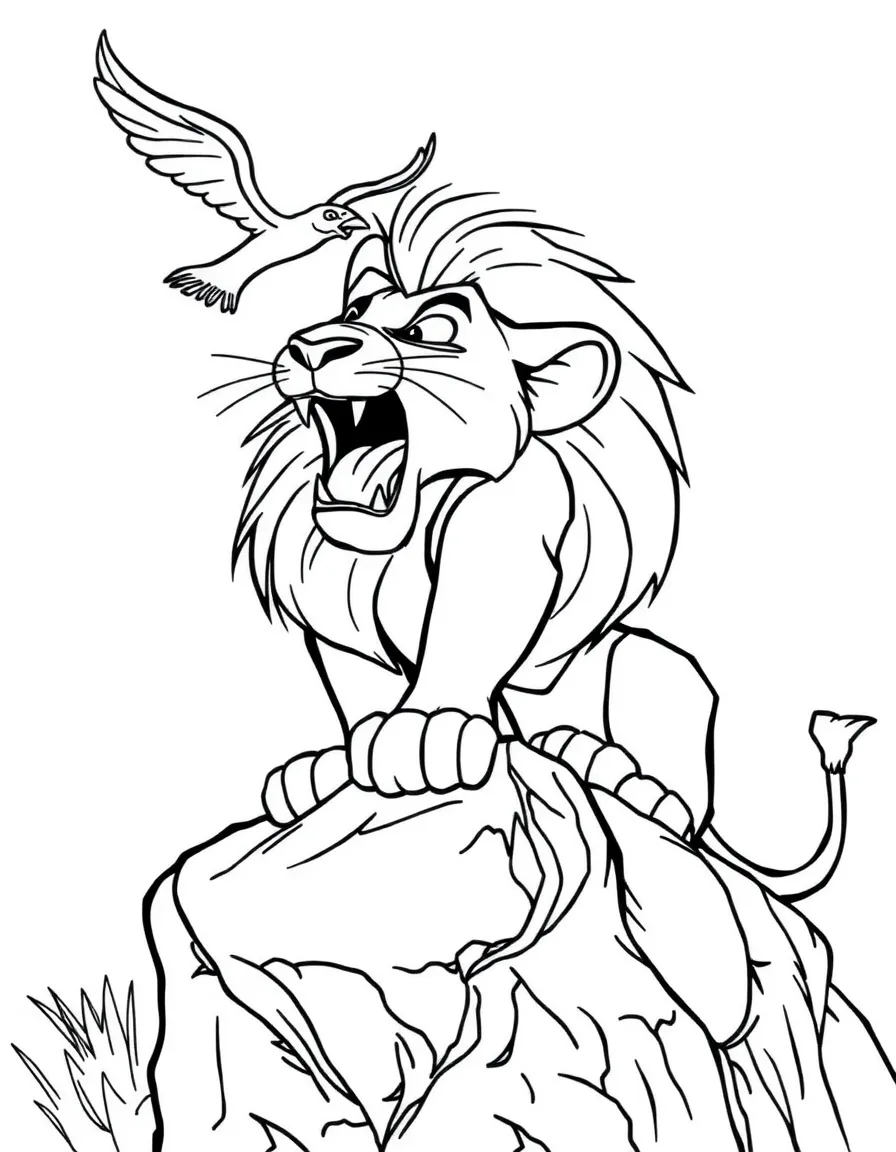 Simba roaring on Pride Rock, with Zazu flying nearby.