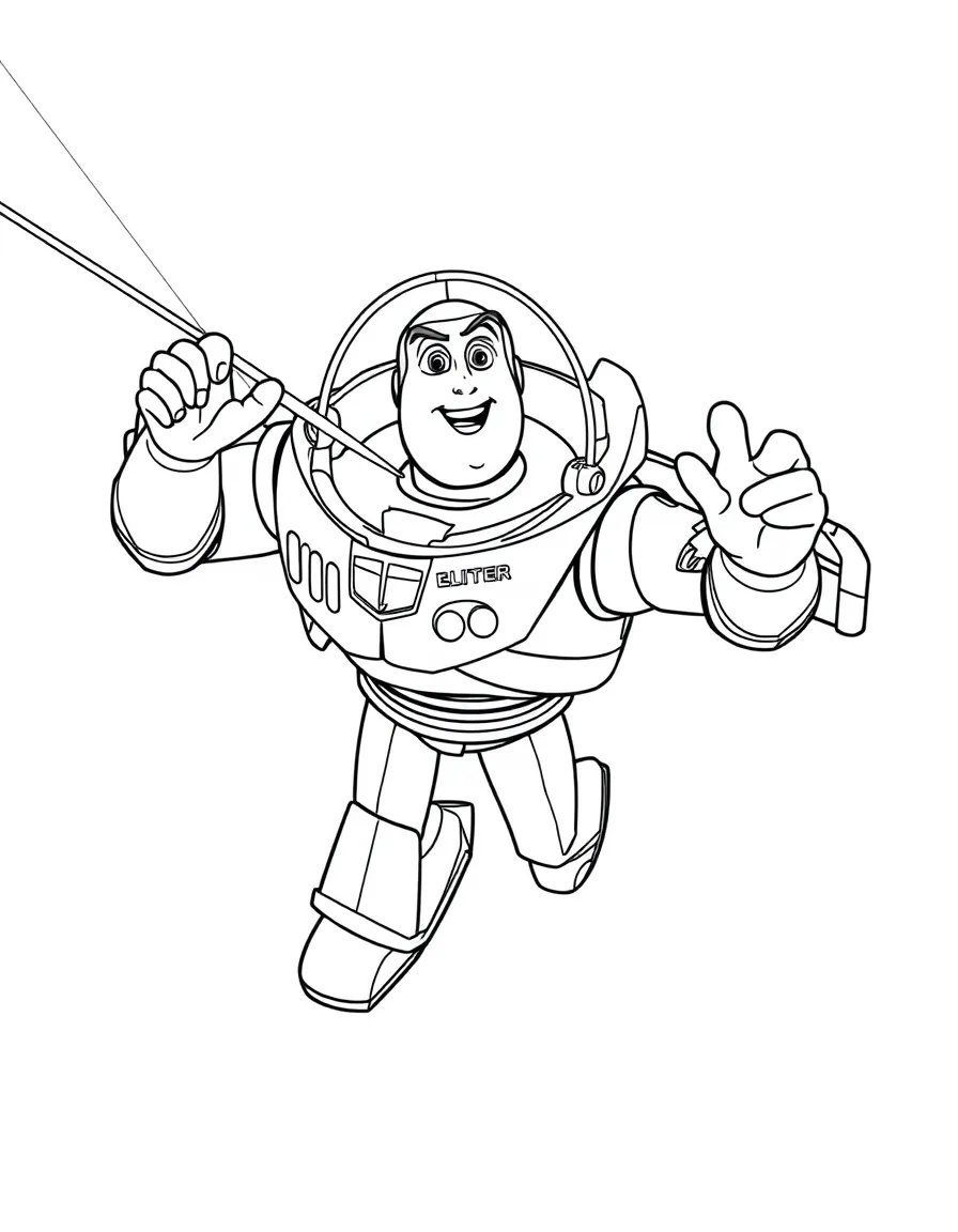 Buzz Lightyear flying with his laser on, looking heroic.