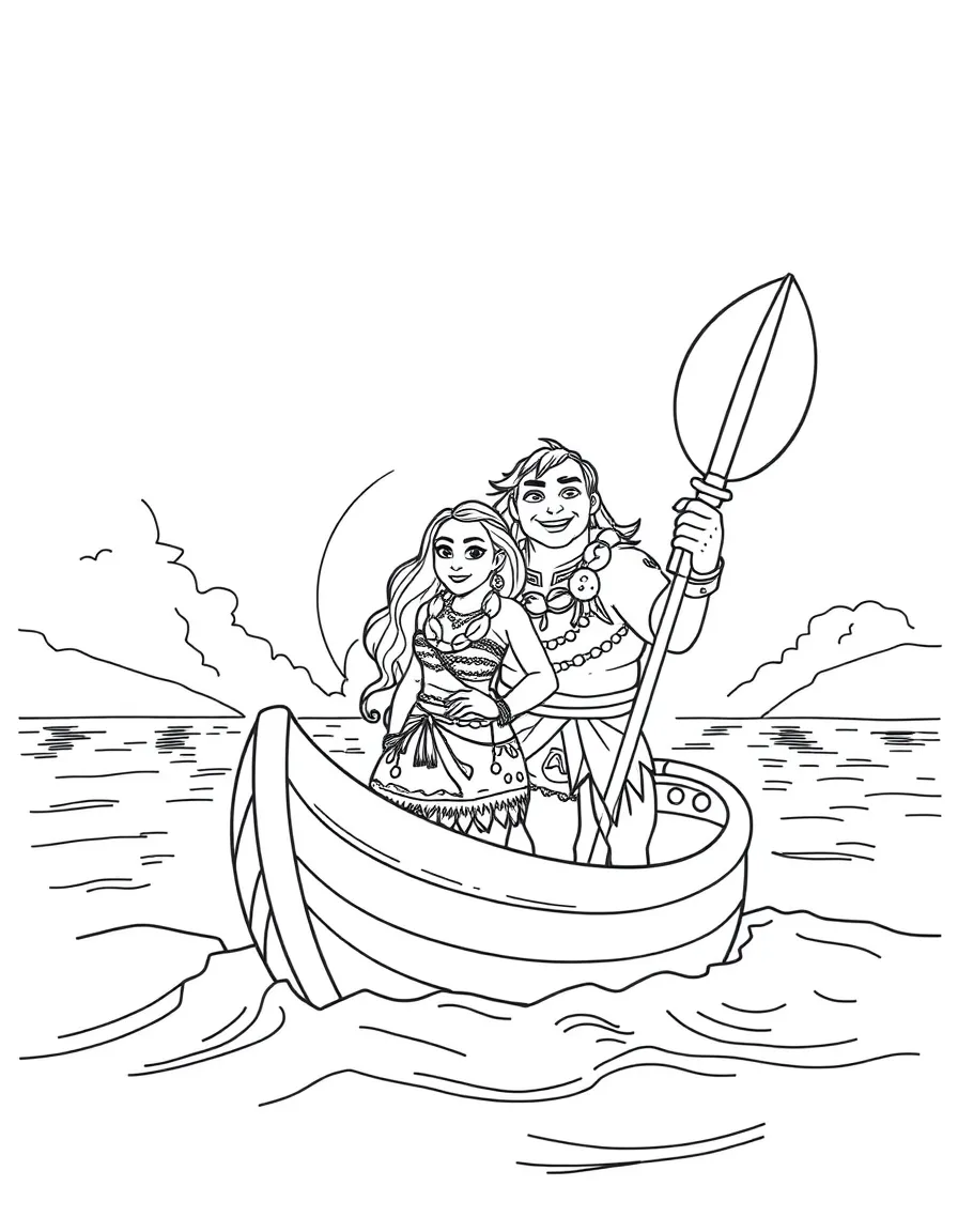 Moana and Maui on their boat, sailing towards the horizon.