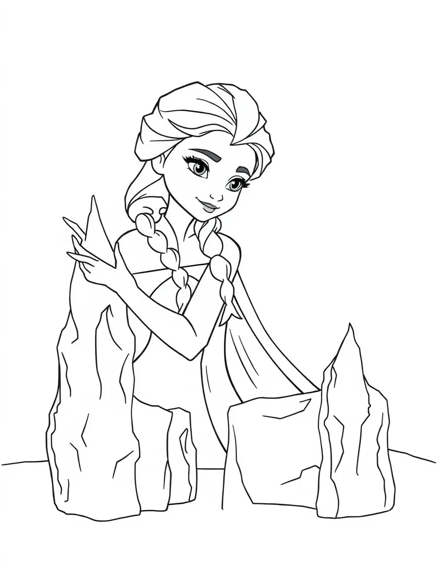 Elsa creating ice sculptures, looking serene.