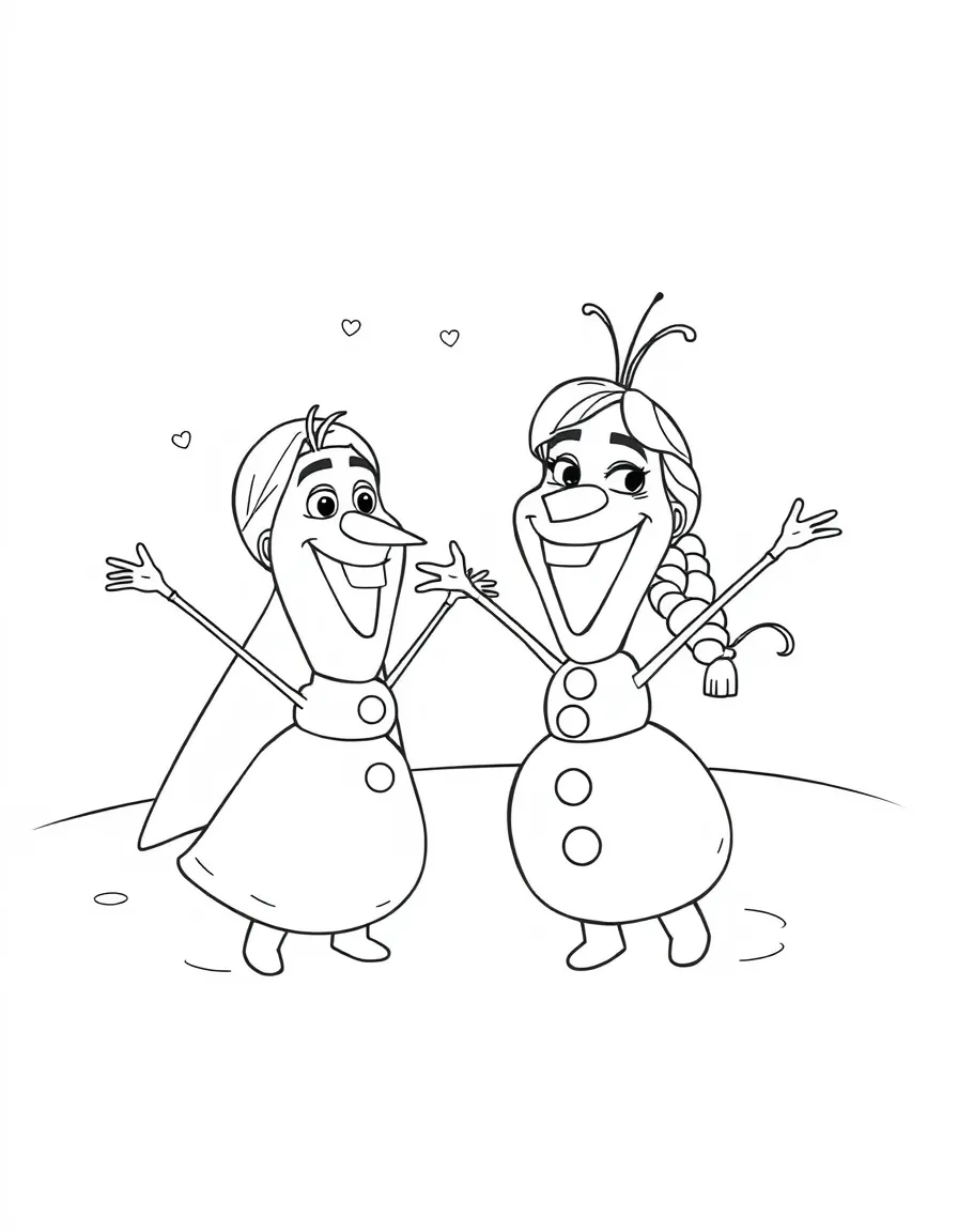 Anna and Olaf making snow angels together.