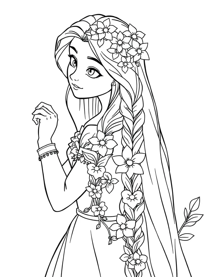 Rapunzel braiding her long hair with flowers.