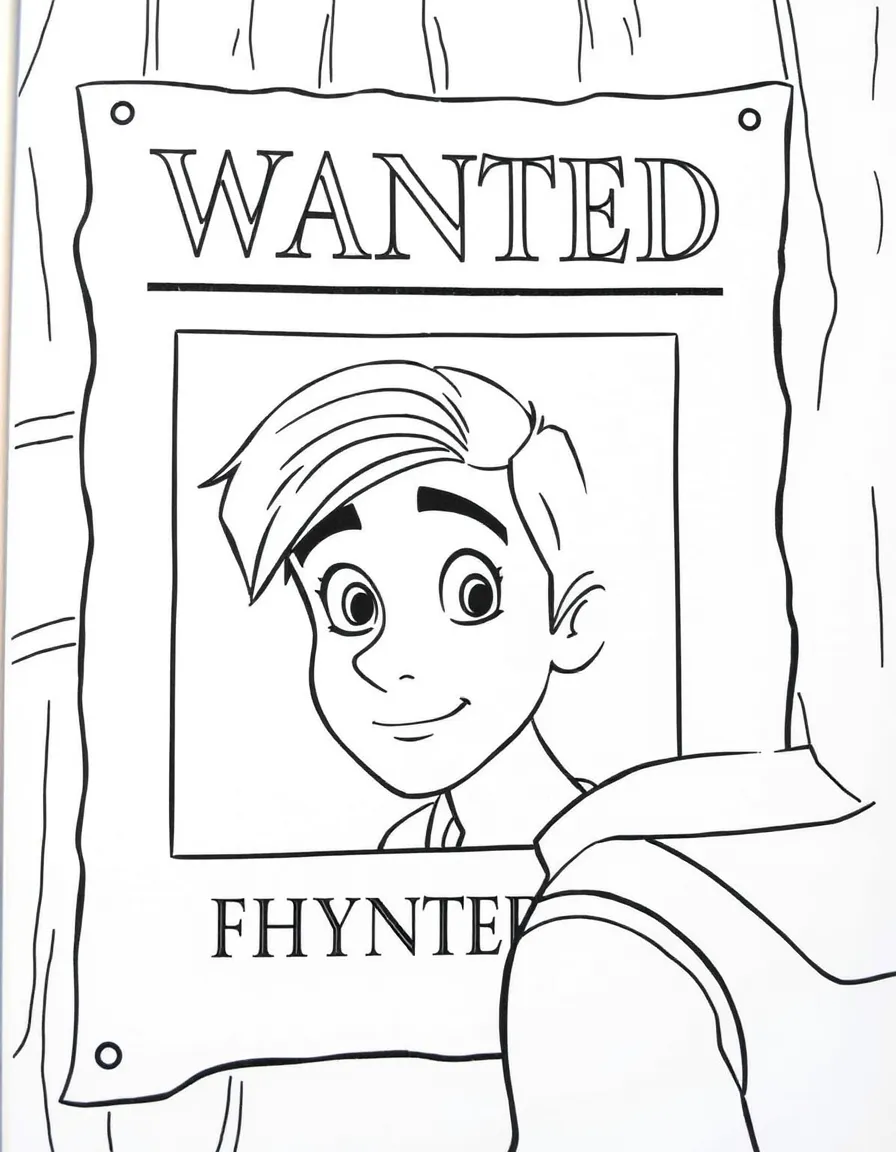 Flynn Rider looking at the "wanted" poster with his face.