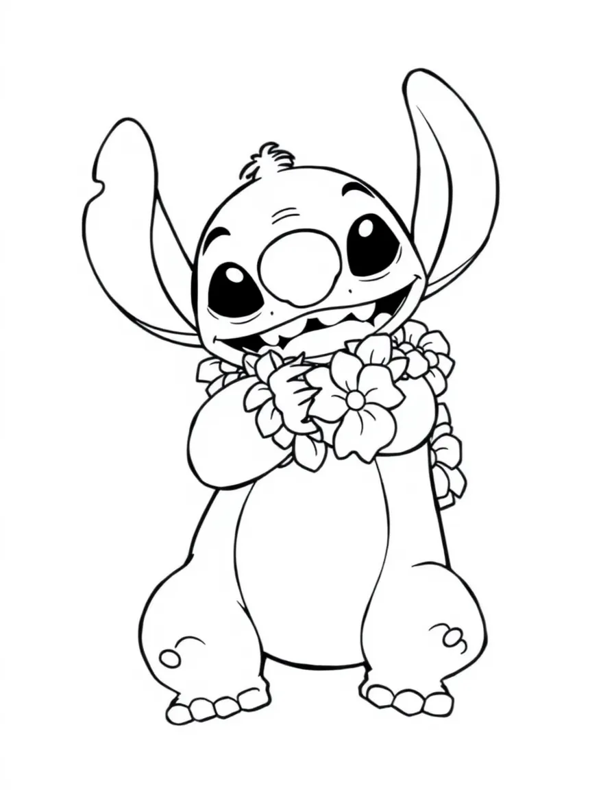 Lilo giving Stitch a big hug, with a lei around his neck.