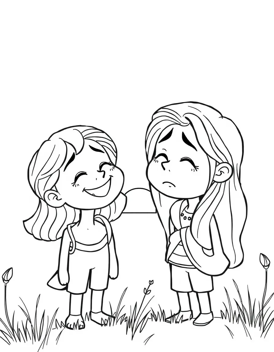 Joy and Sadness sharing a moment, with a sunset background.