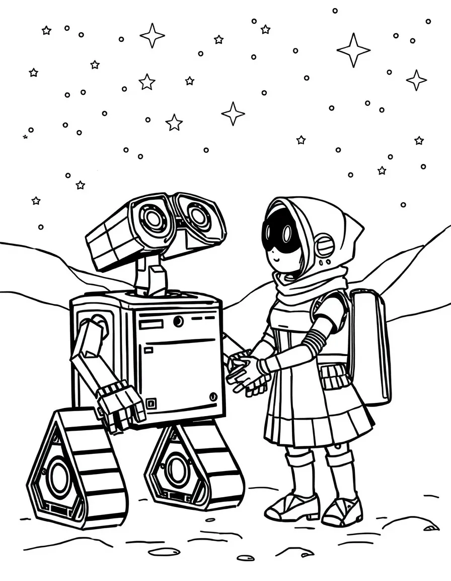 WALL-E and EVE holding hands, looking at the stars.