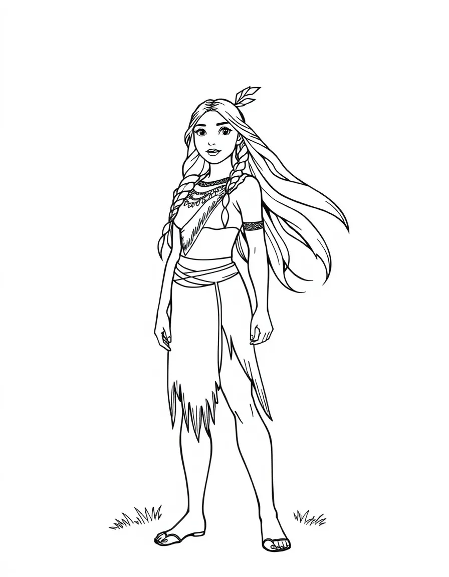 Pocahontas standing tall, with the wind in her hair.