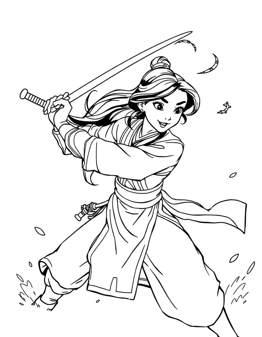 Mulan fighting bravely with her sword.
