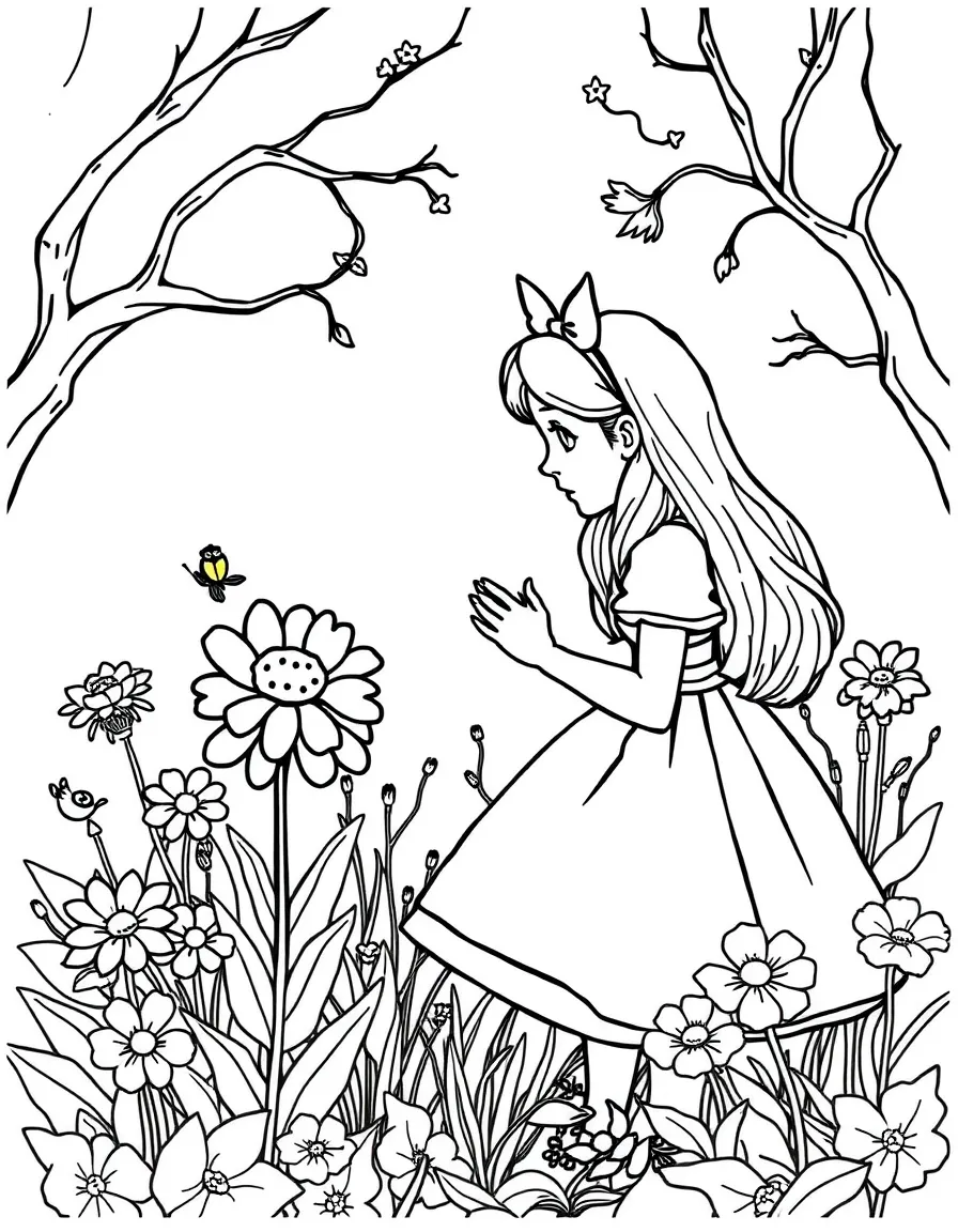 Alice talking to the talking flowers in Wonderland.