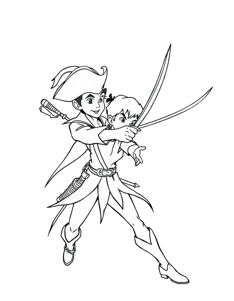 Peter Pan and Captain Hook sword fighting.