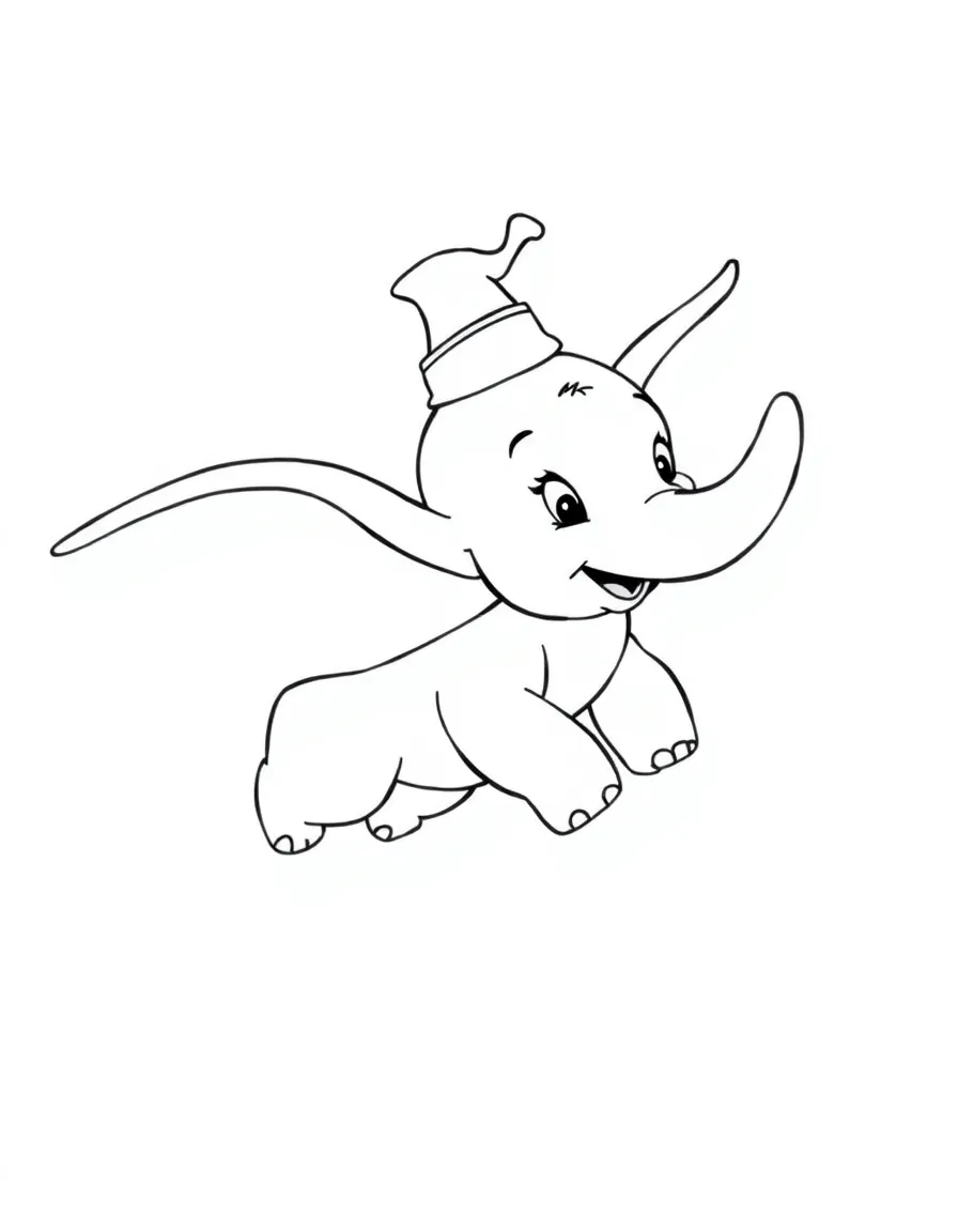 Dumbo taking off in flight, with Timothy on his hat.