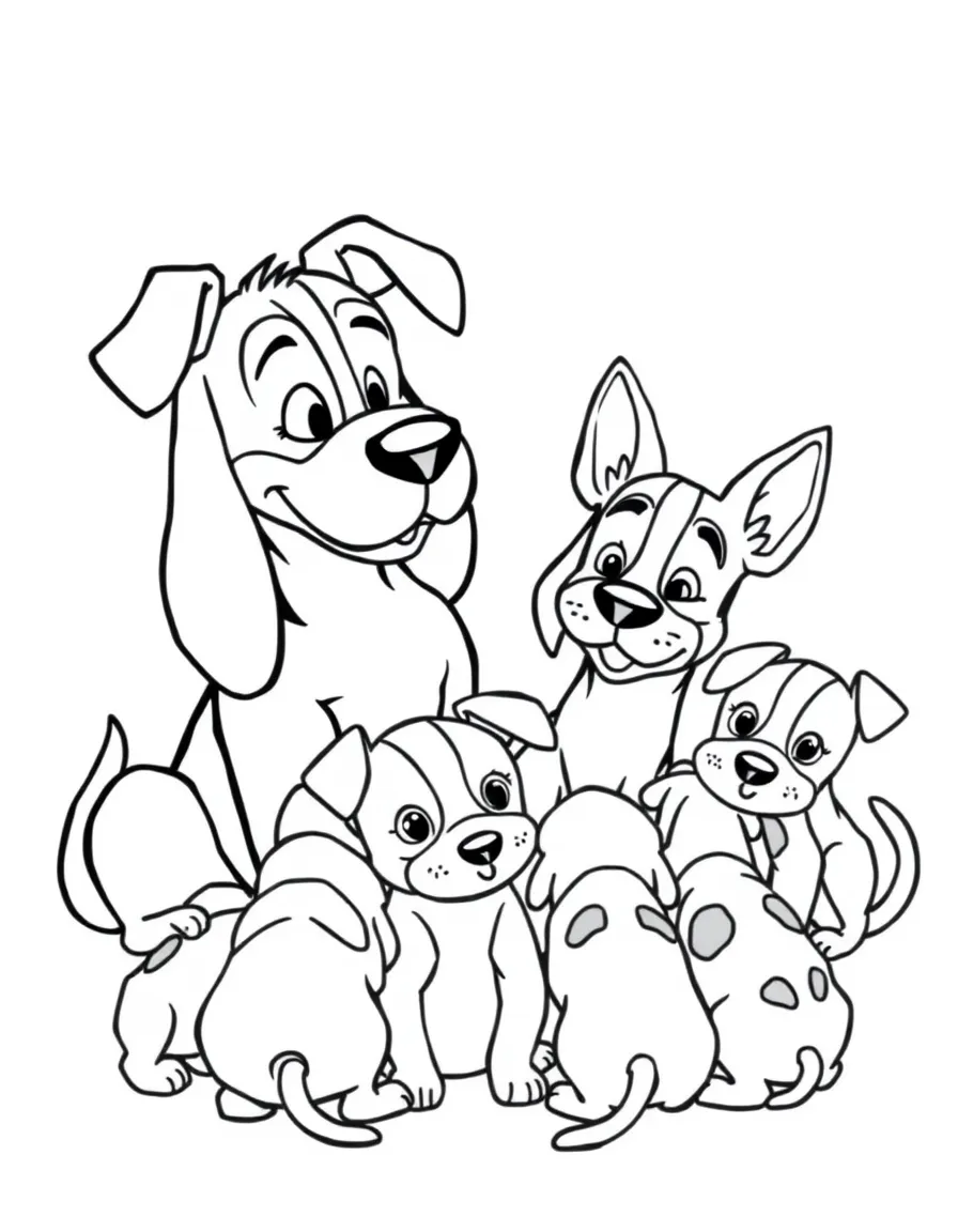 Pongo and Perdita looking relieved, surrounded by their puppies.