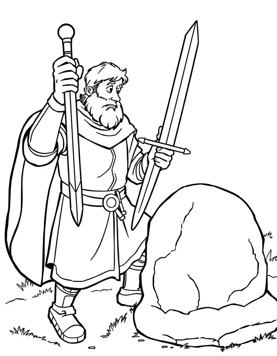 Arthur pulling the sword from the stone, looking surprised.