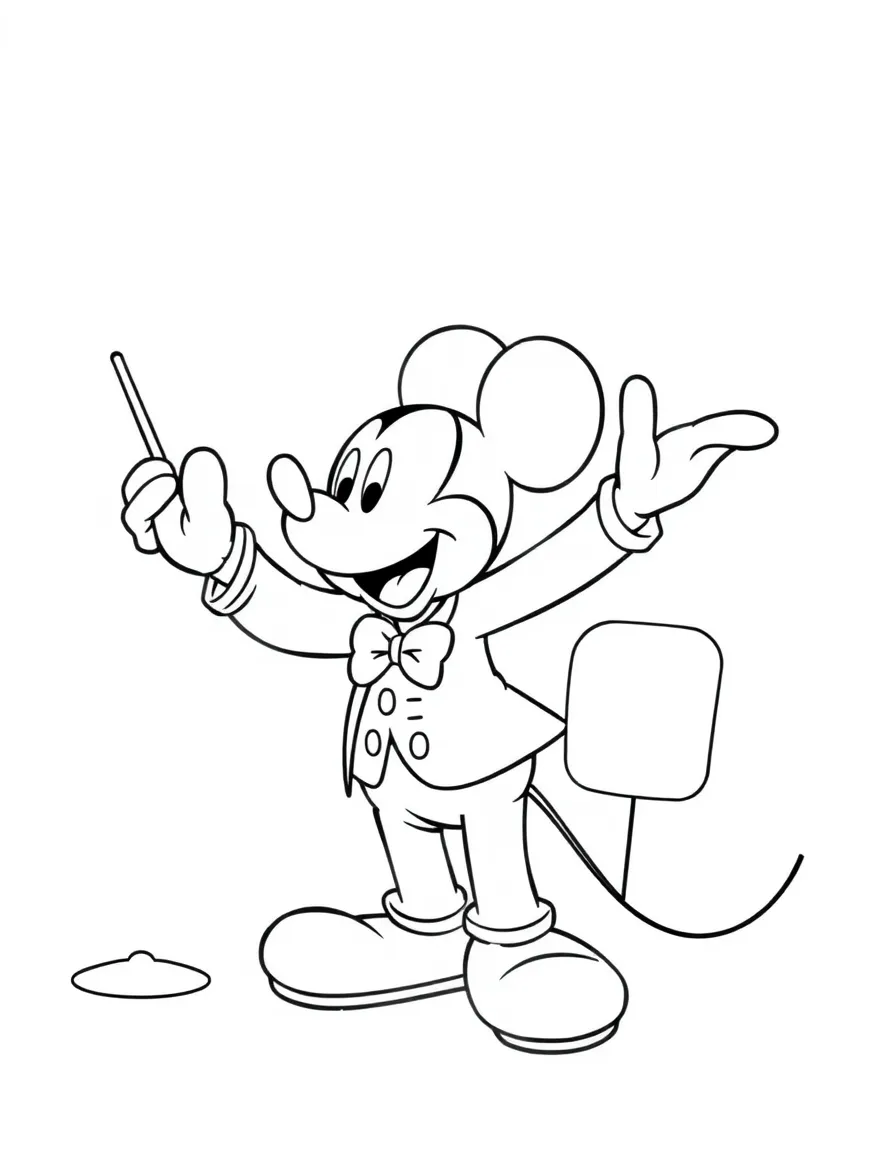 Mickey Mouse conducting an orchestra, with a joyful expression.