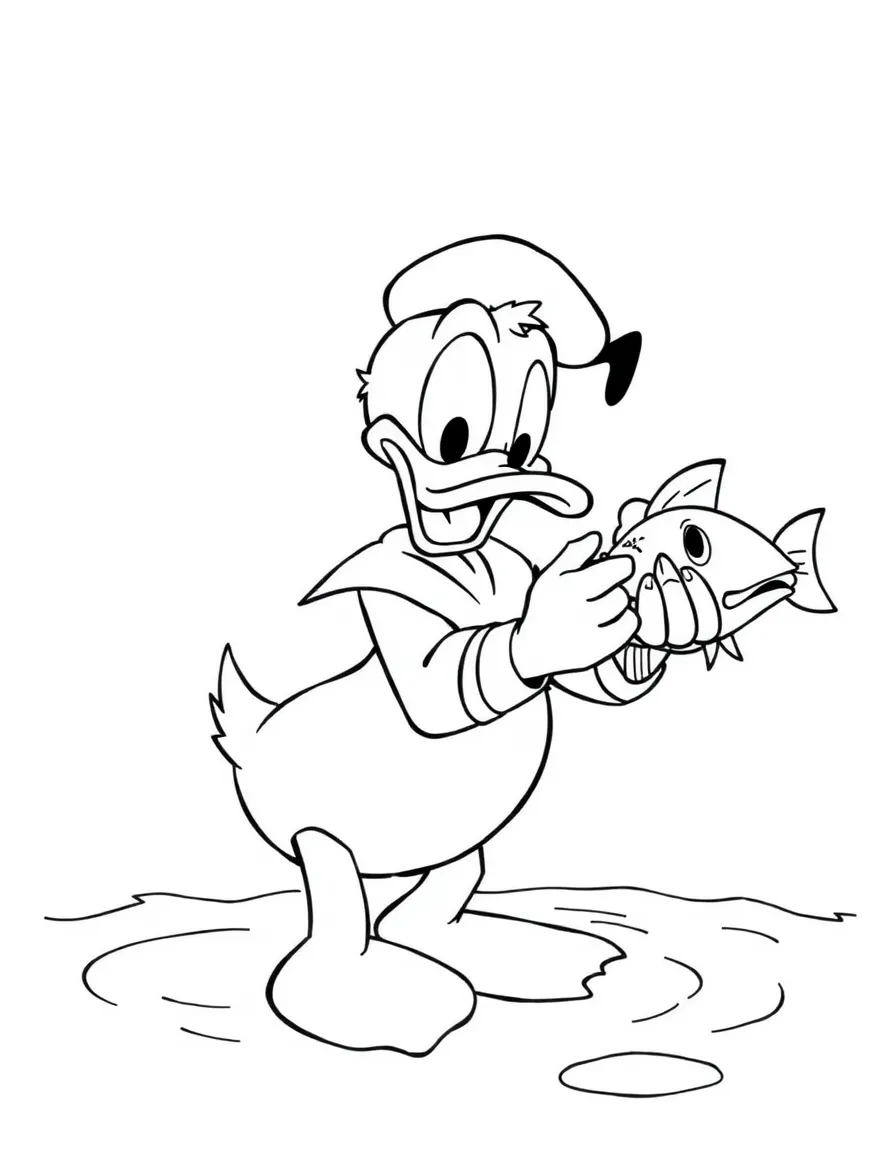 Donald Duck trying to catch a fish, looking frustrated.