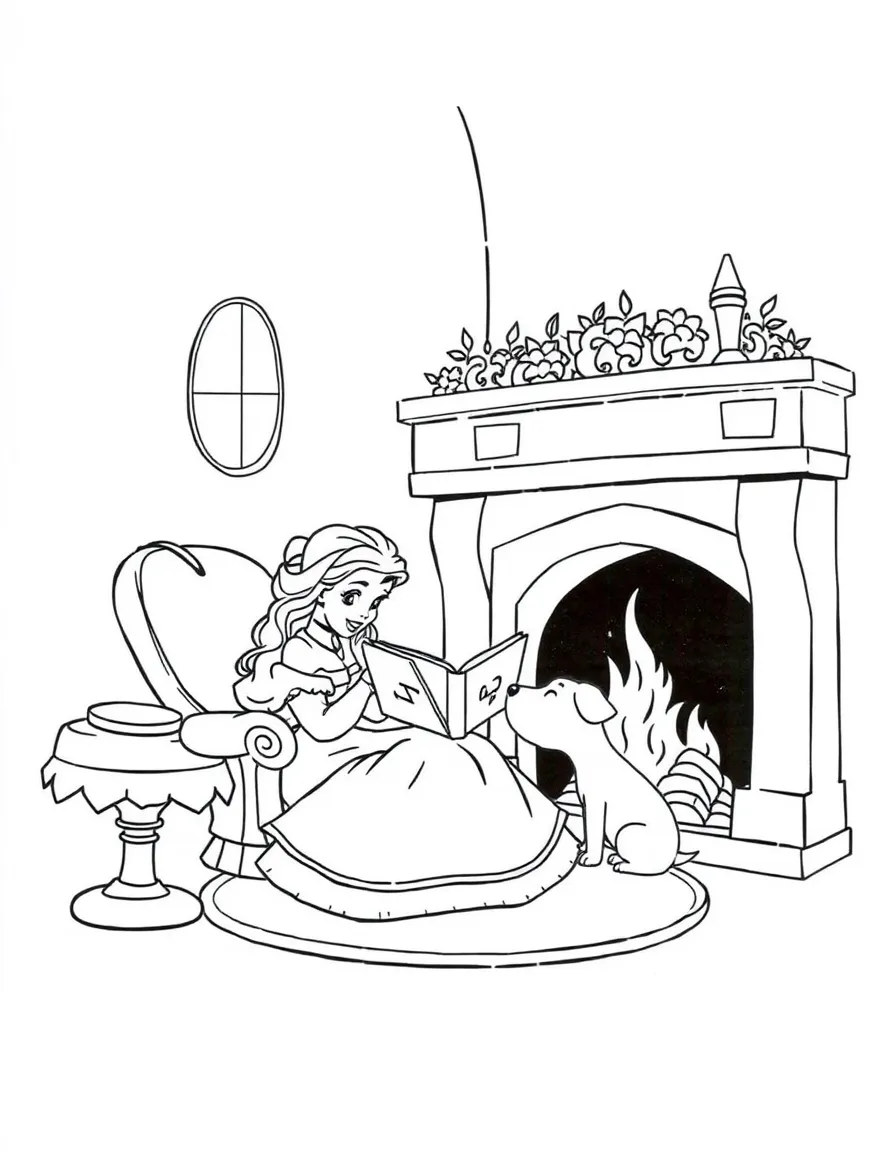 Belle reading by a fireplace, with Chip on the table.