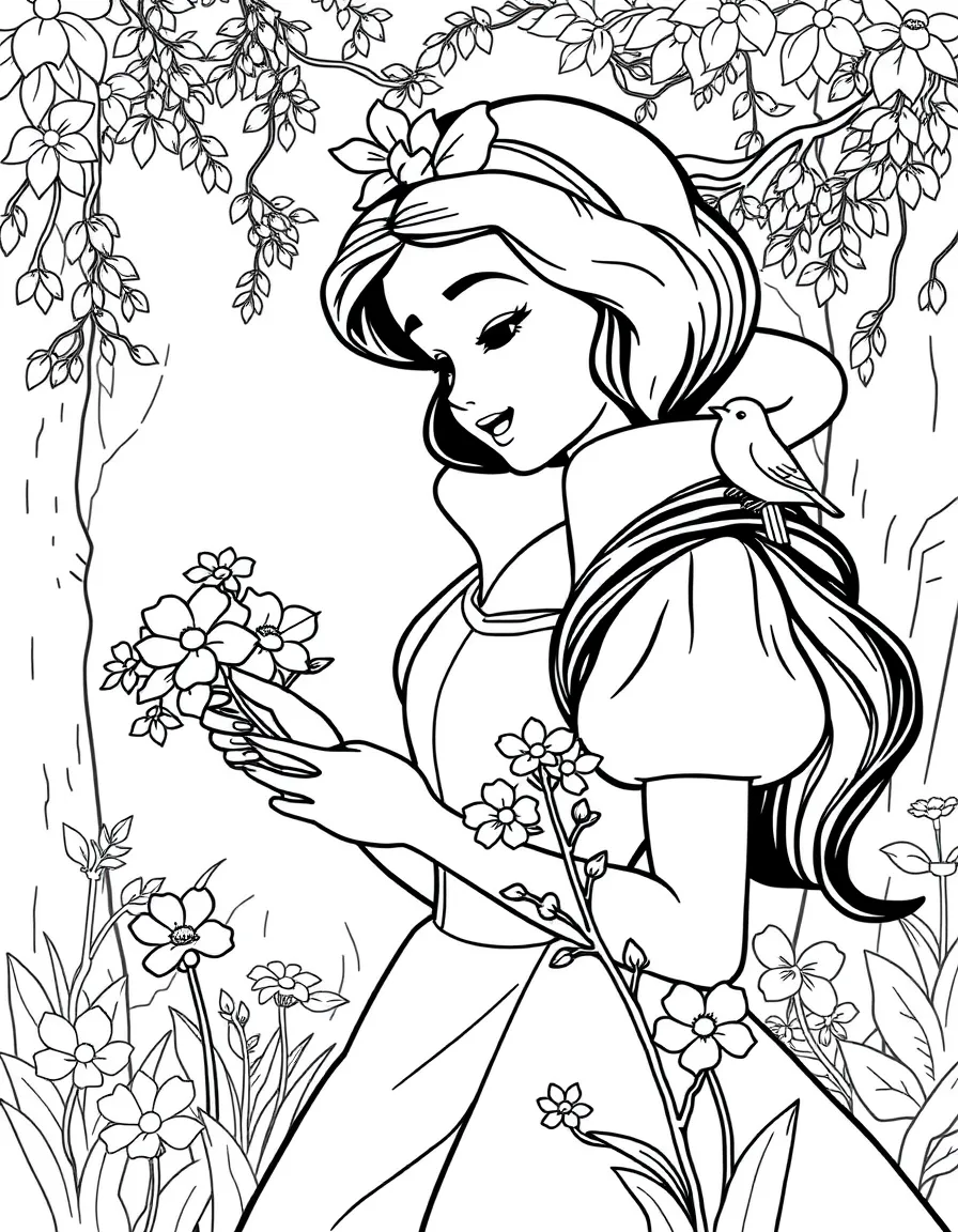 Snow White picking flowers in the forest, with birds on her shoulder.