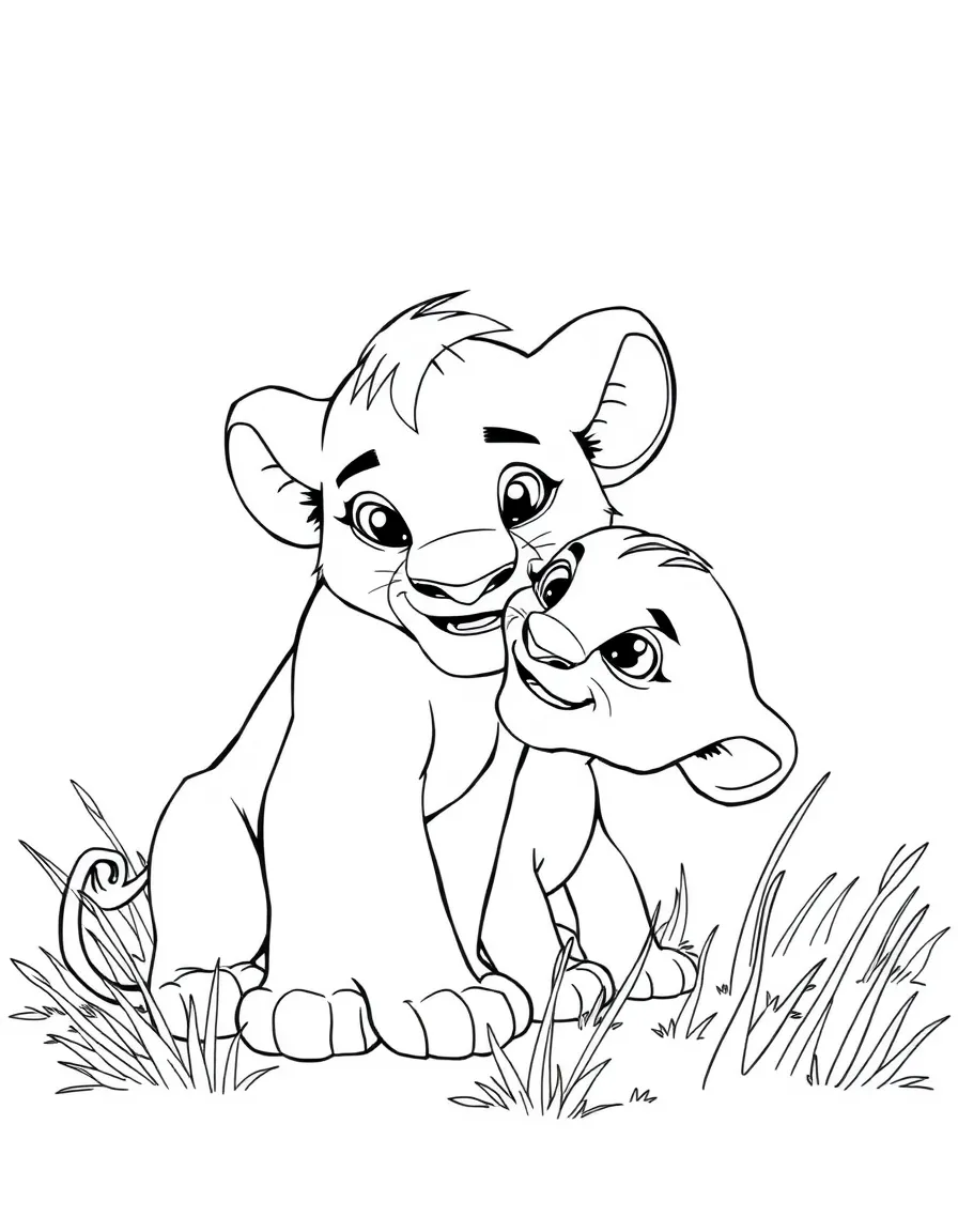 Young Simba playing with Nala, pouncing on her.