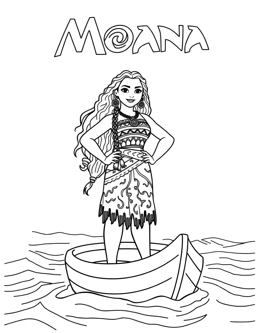 Moana standing strong on her boat, with the ocean reflecting her.