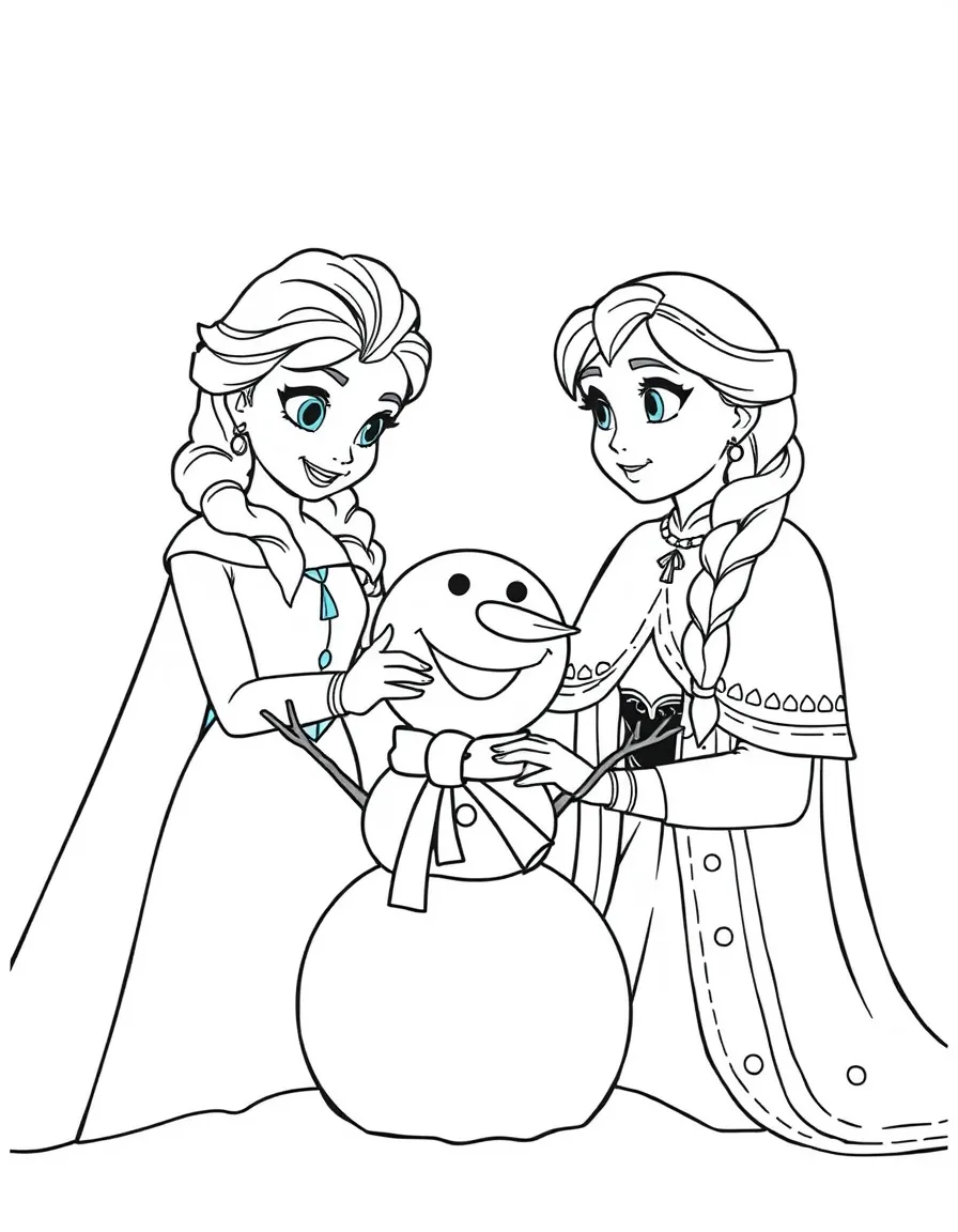 Elsa building a snowman with Anna, looking happy.