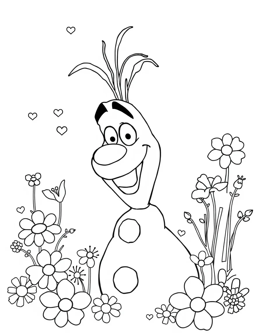Olaf dreaming of summer, surrounded by flowers.
