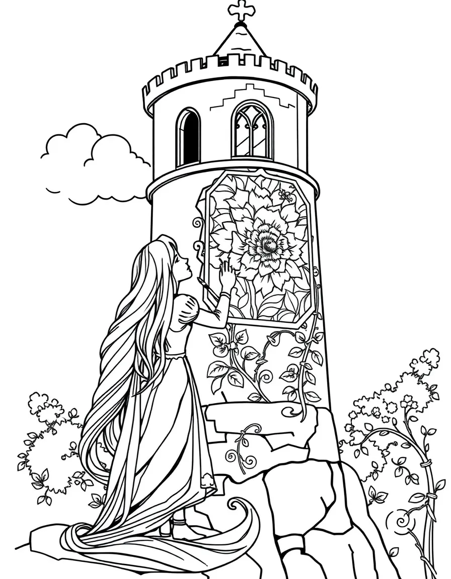 Rapunzel painting a beautiful picture on her tower wall.