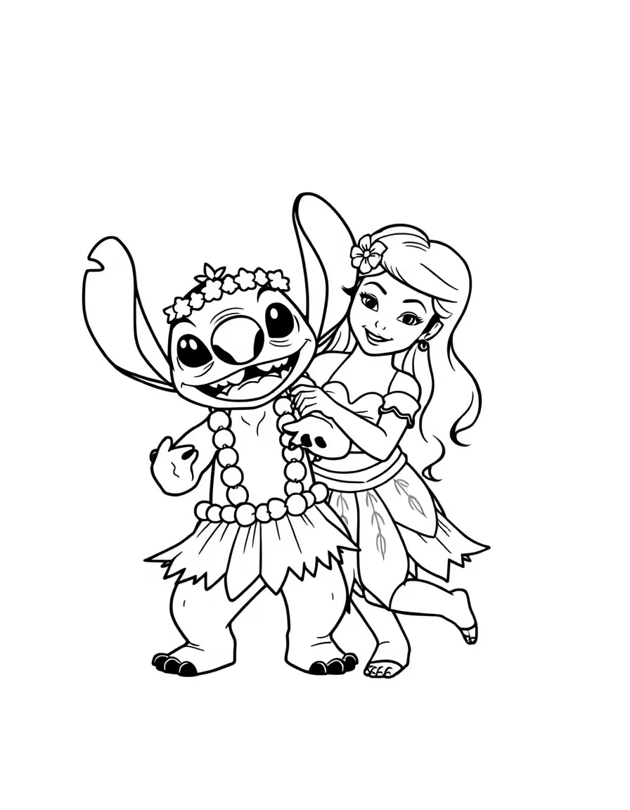 Lilo and Stitch doing the hula dance together.