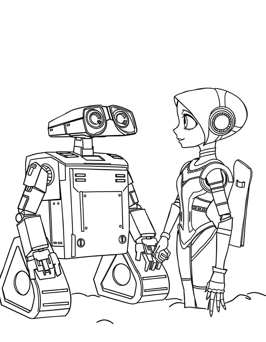 WALL-E and EVE sharing a quiet moment, looking at each other.
