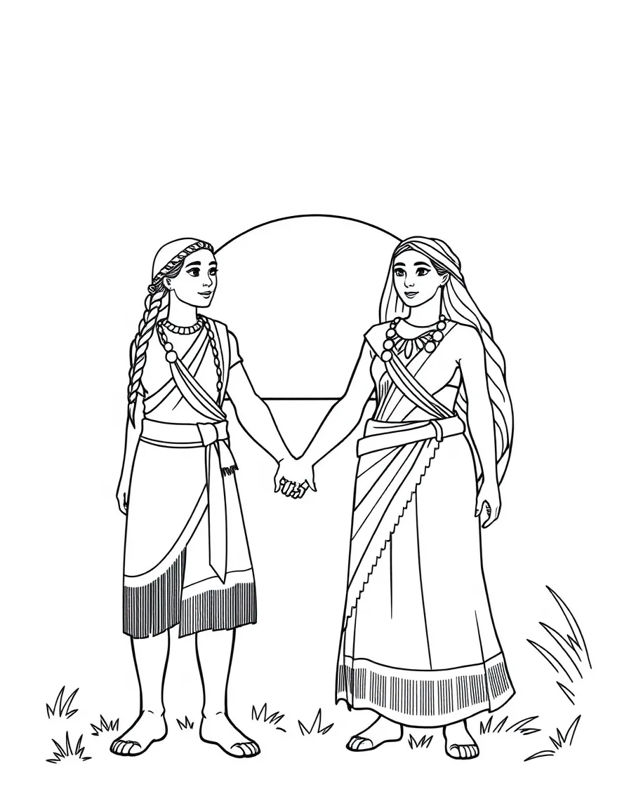 Pocahontas and John Smith holding hands, with a sunset behind them.