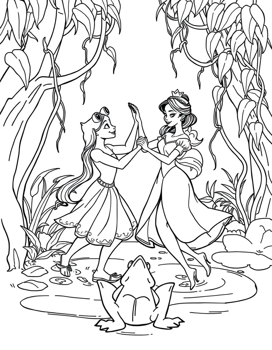 Tiana and Naveen dancing as frogs in the bayou.