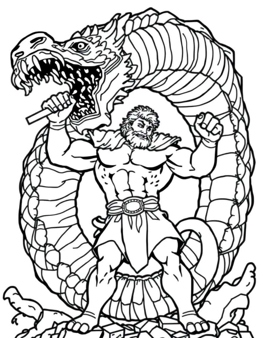 Hercules fighting the Hydra, looking strong.