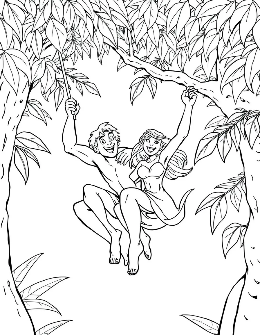 Tarzan and Jane swinging through the trees, laughing.