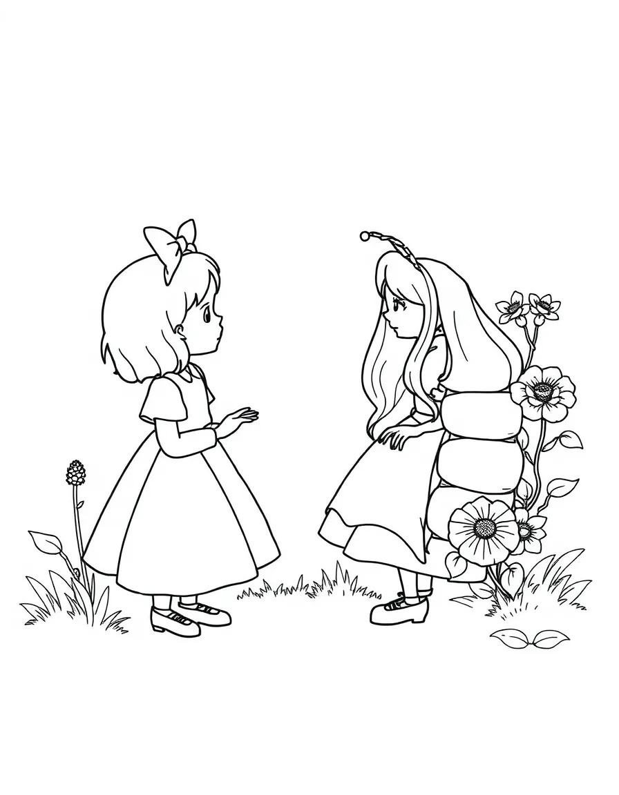 Alice having a conversation with the Caterpillar.