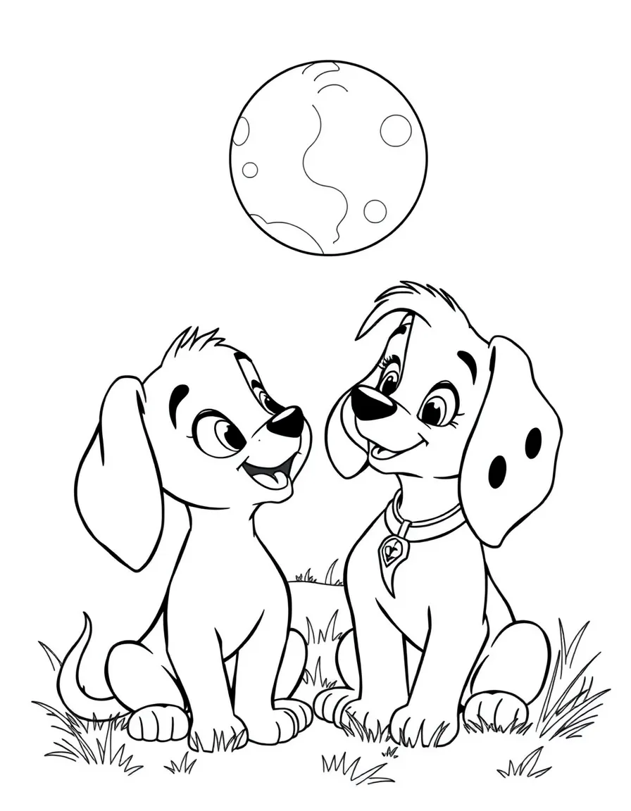 Lady and Tramp looking at the moon together.