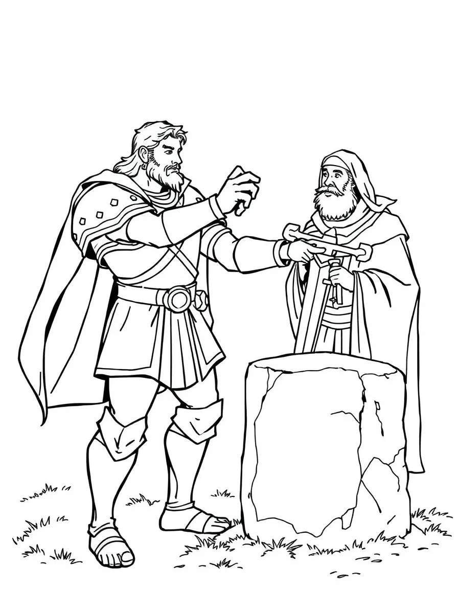 Arthur pulling the sword from the stone, with Merlin watching.