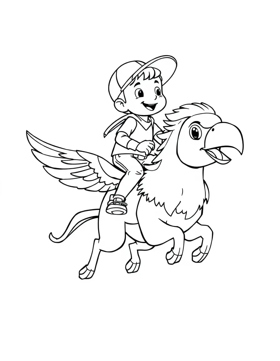 Cody riding on Marahute's back, flying high.