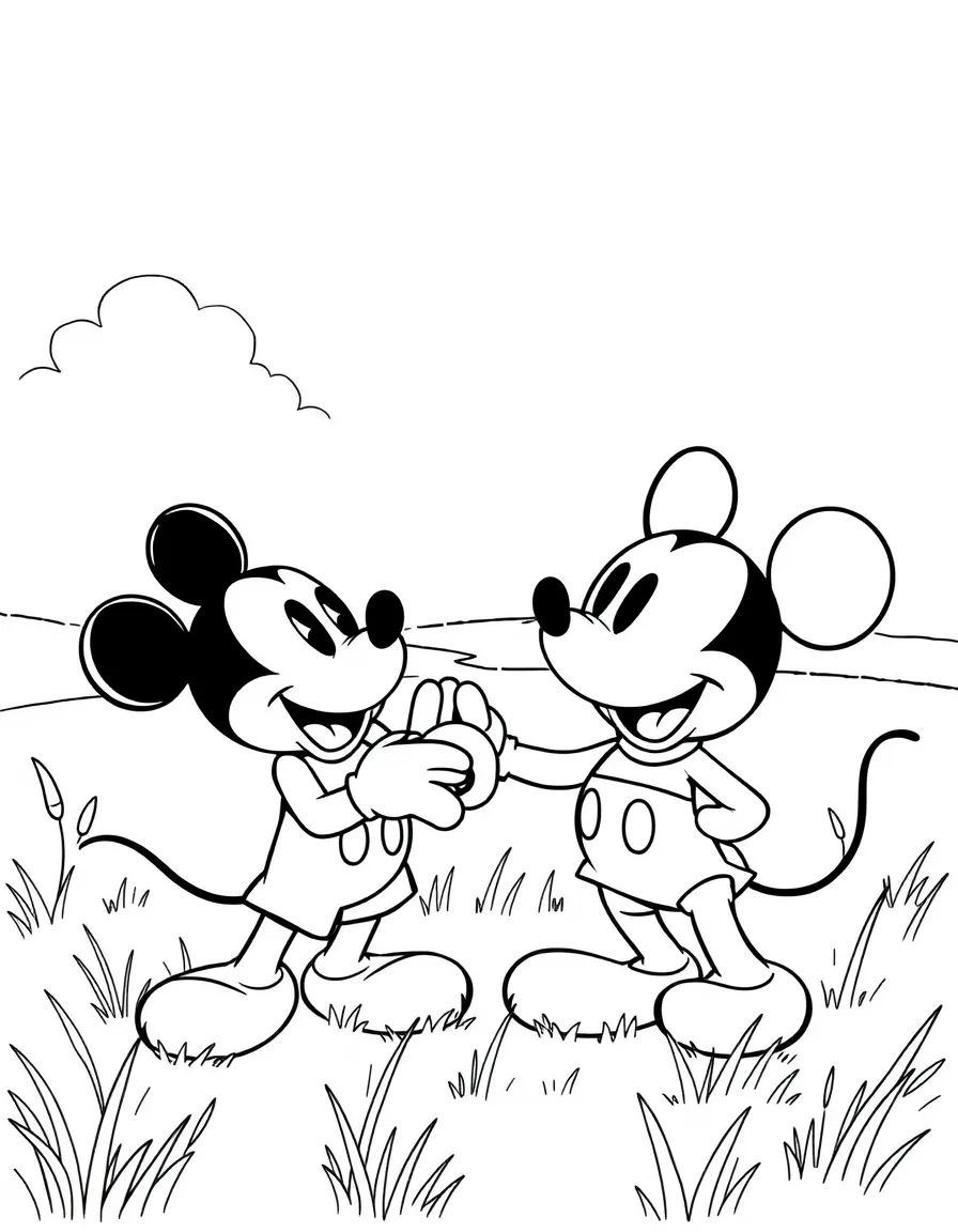 Mickey Mouse and Pluto playing fetch in a field.