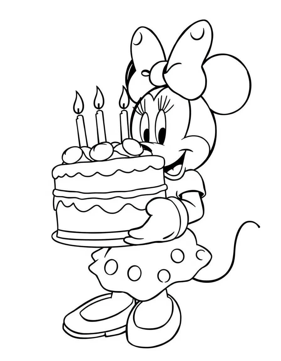 Minnie Mouse holding a large birthday cake.