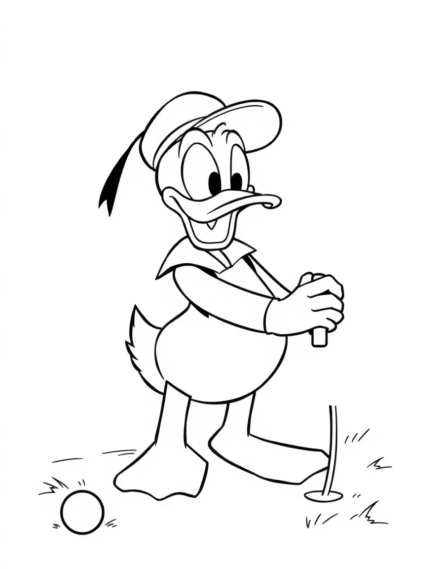 Donald Duck trying to play golf, getting frustrated.
